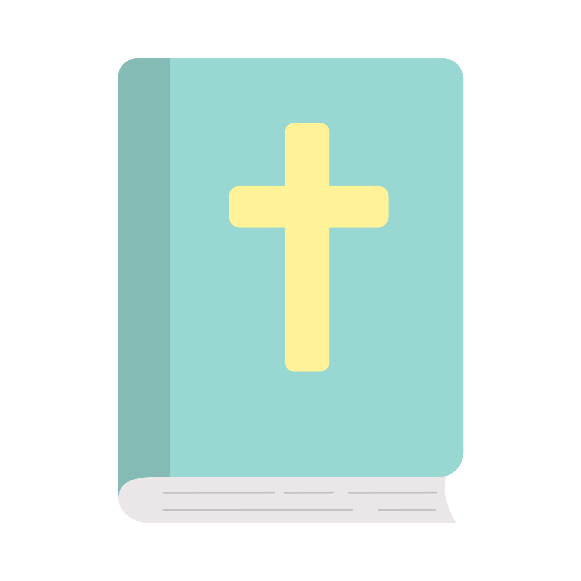 A Bible with a light blue cover and a yellow cross on the front.