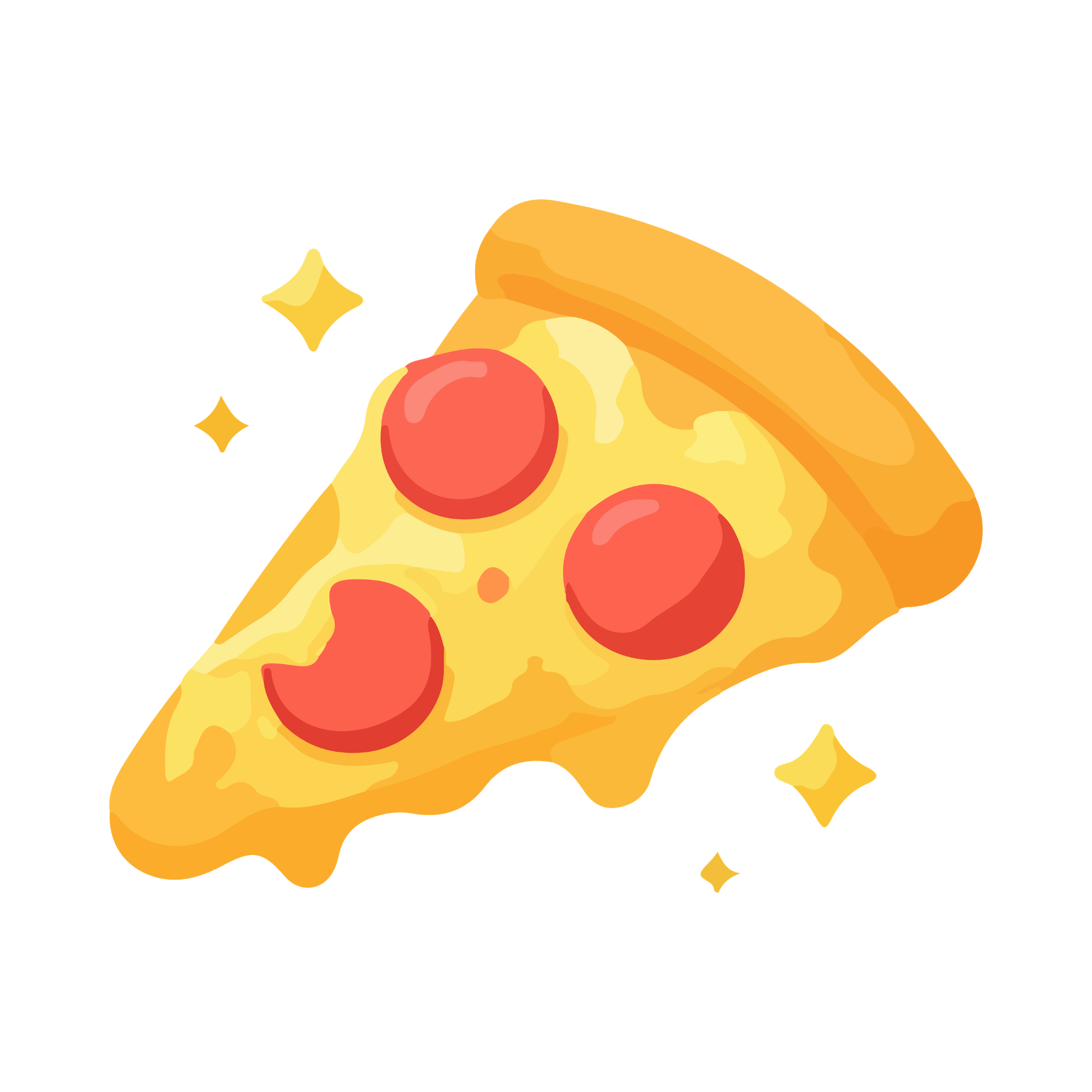 Illustration of a slice of pepperoni pizza with melted cheese, pepperoni toppings, a golden crust, and shining sparkles around it.