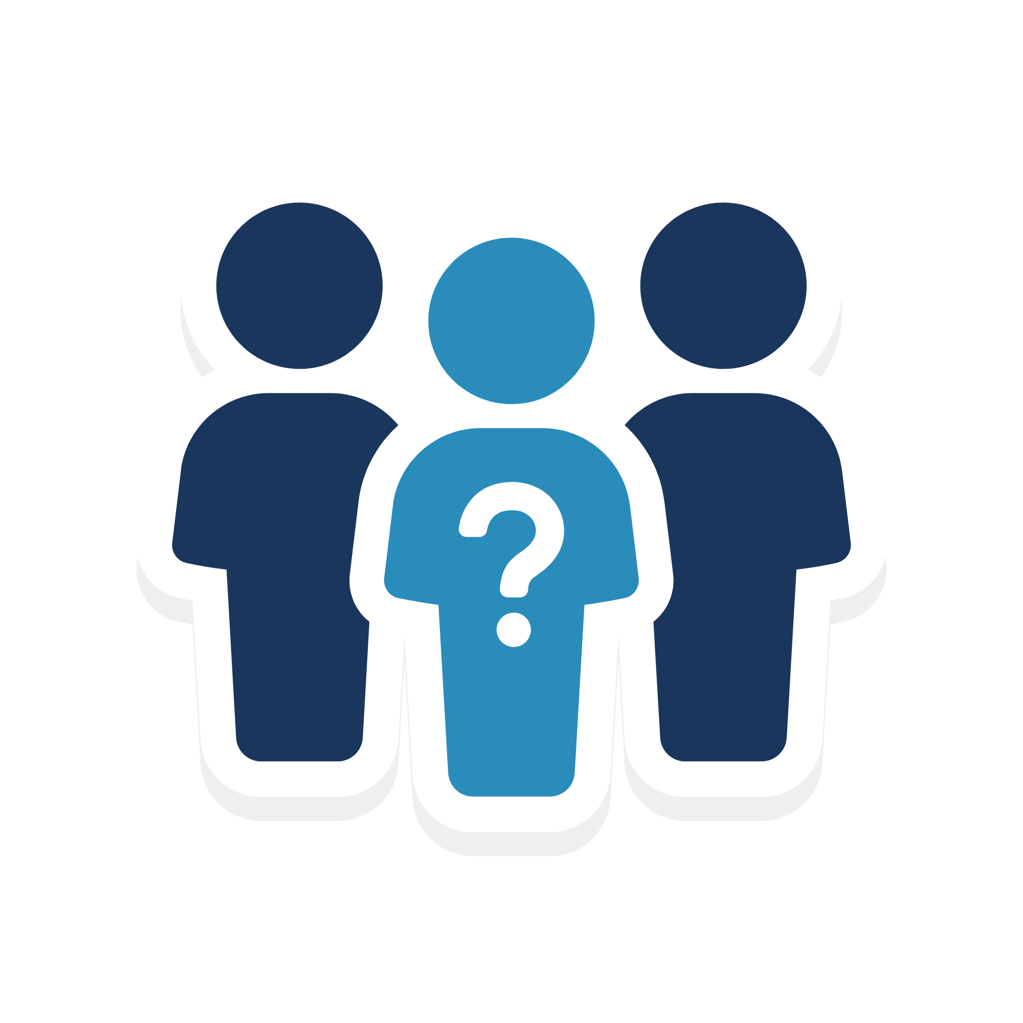 Graphic of four stylized human figures, with the central figure in blue featuring a white question mark on its chest, representing uncertainty or inquiry about a group or individual.