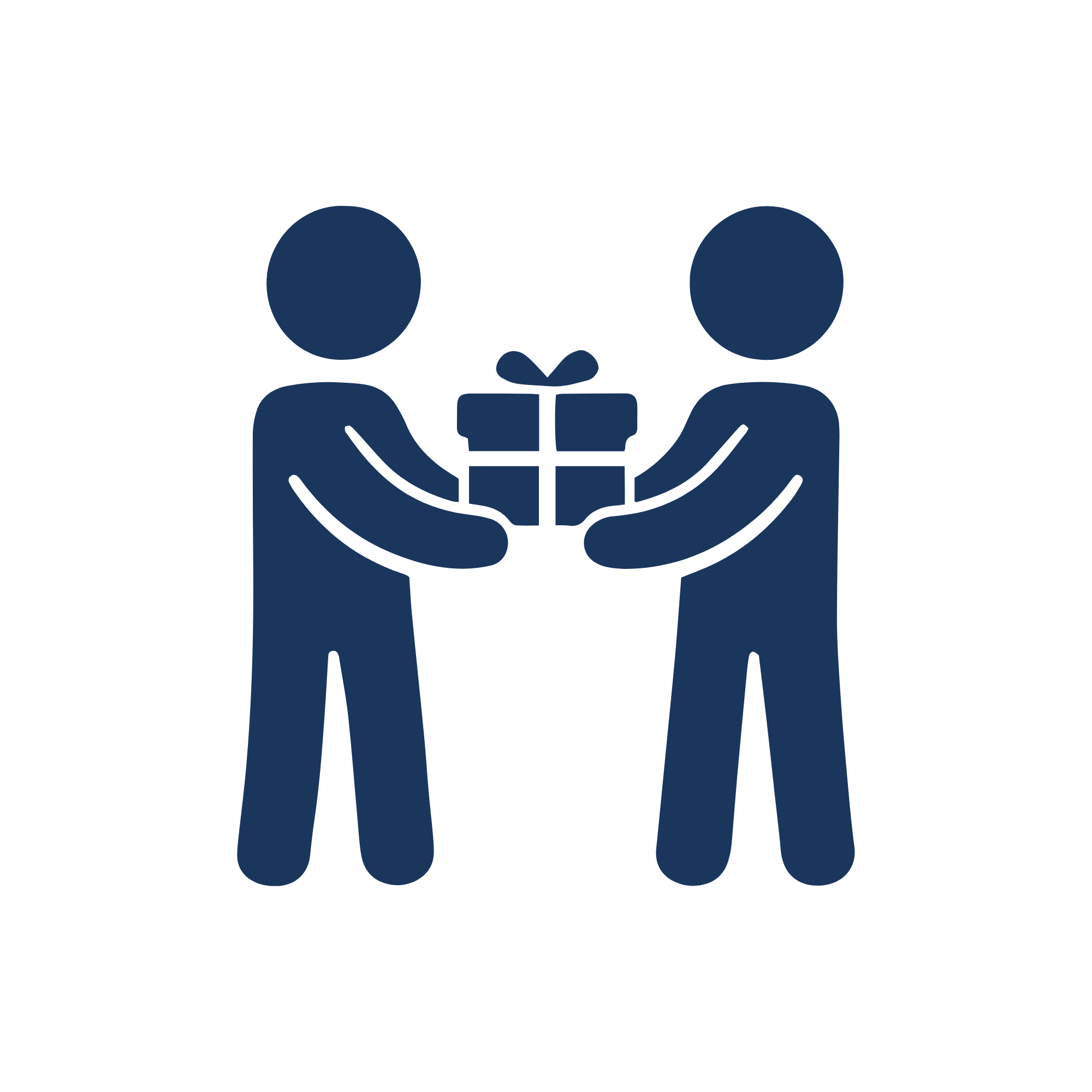 Two silhouettes of people presenting a gift box with a ribbon.