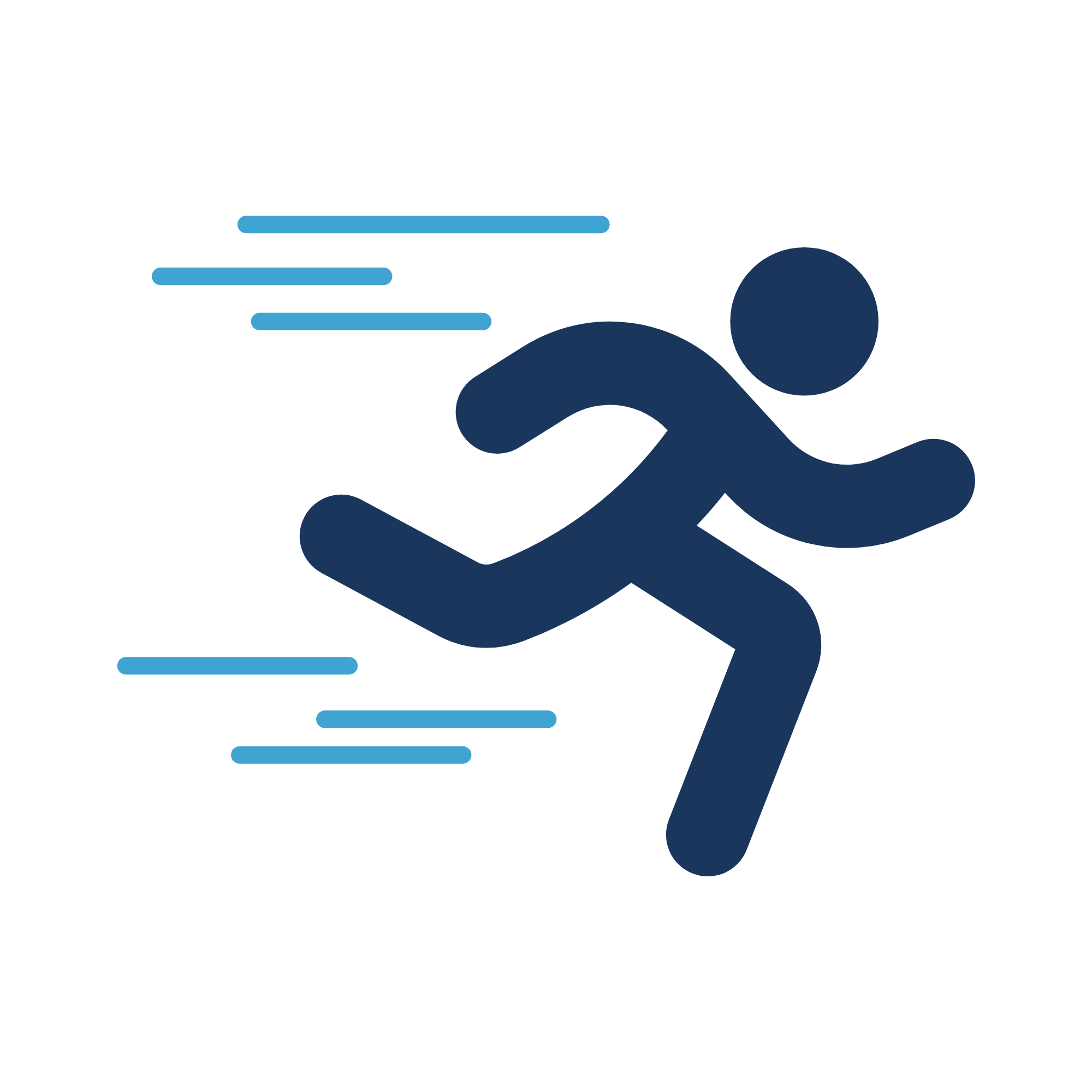 A stylized graphic of a person running, depicted as a minimalist figure with a dark blue silhouette, next to seven horizontal blue lines representing motion or speed.