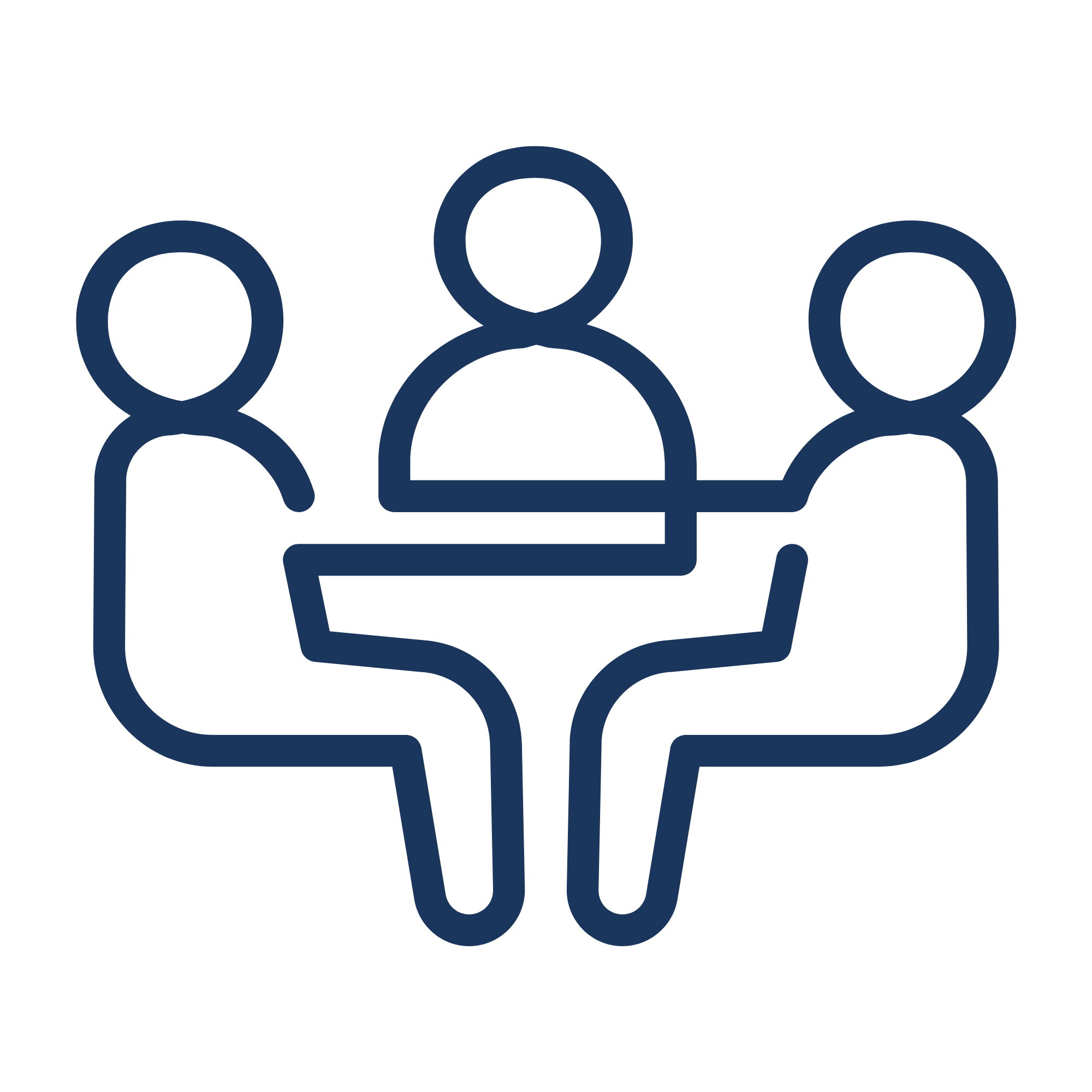 Icon of three people sitting at a round table engaged in discussion.