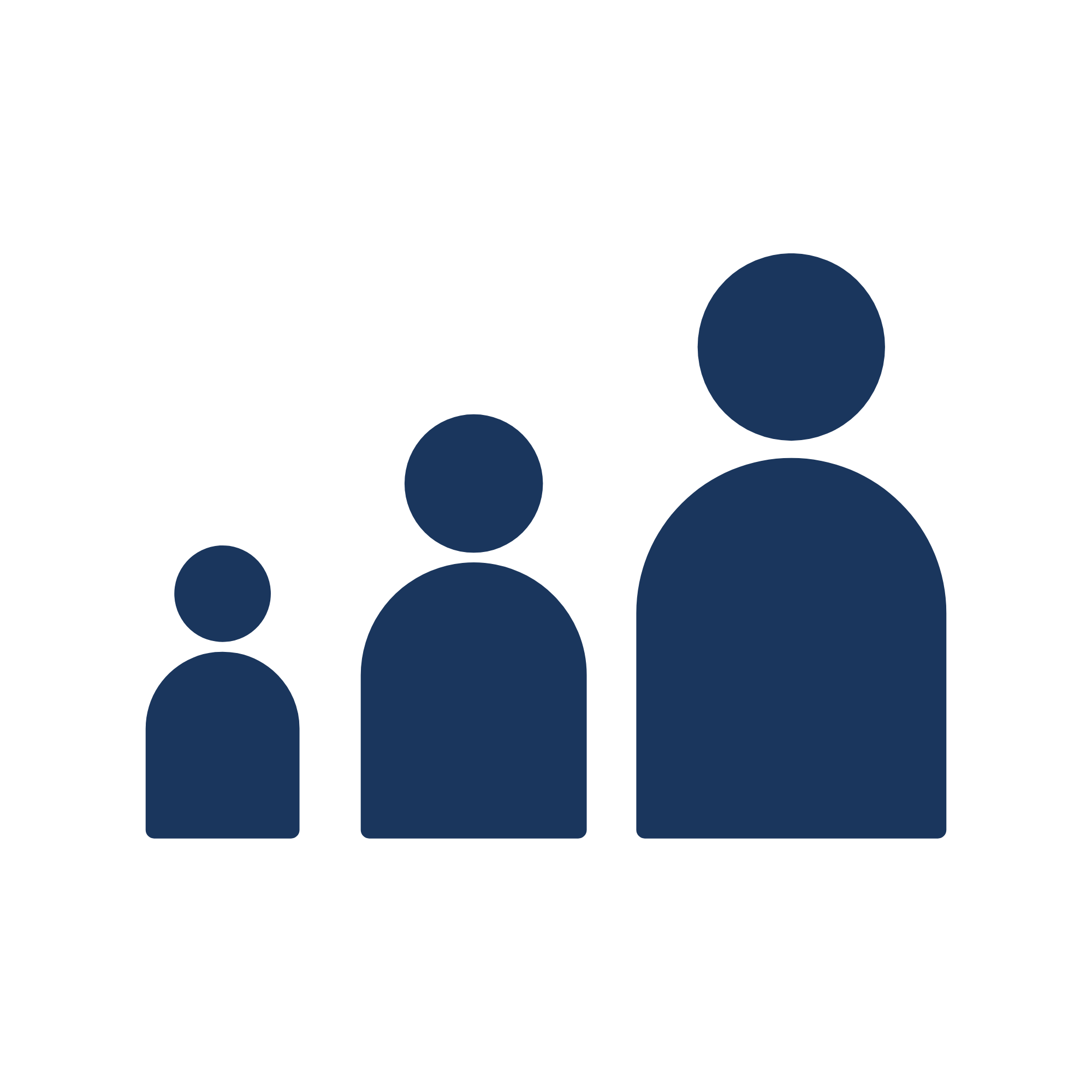 Silhouette icons of three people in increasing size from left to right, in dark blue on a white background.