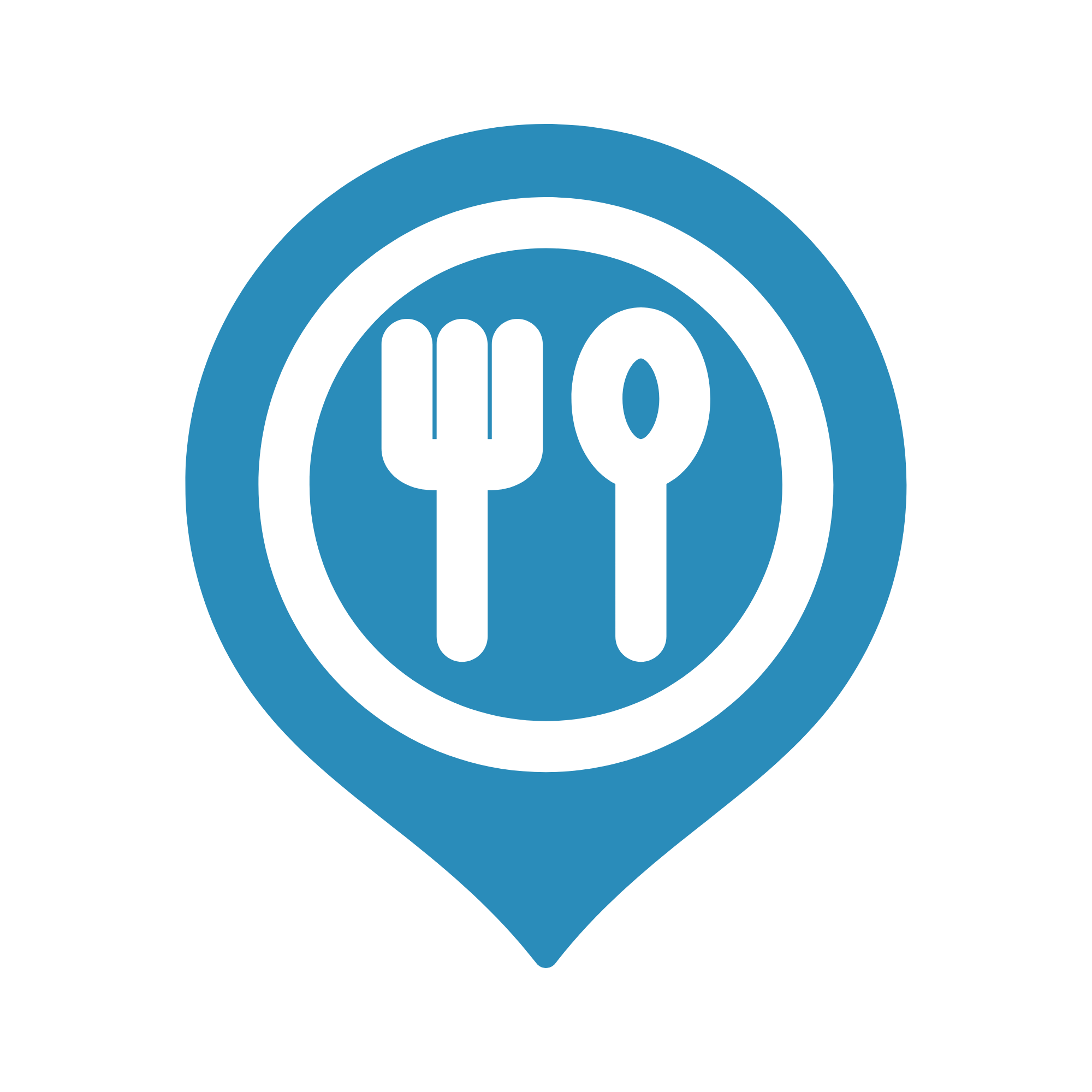 Blue map marker icon with a white fork and knife symbol inside for food or restaurant location