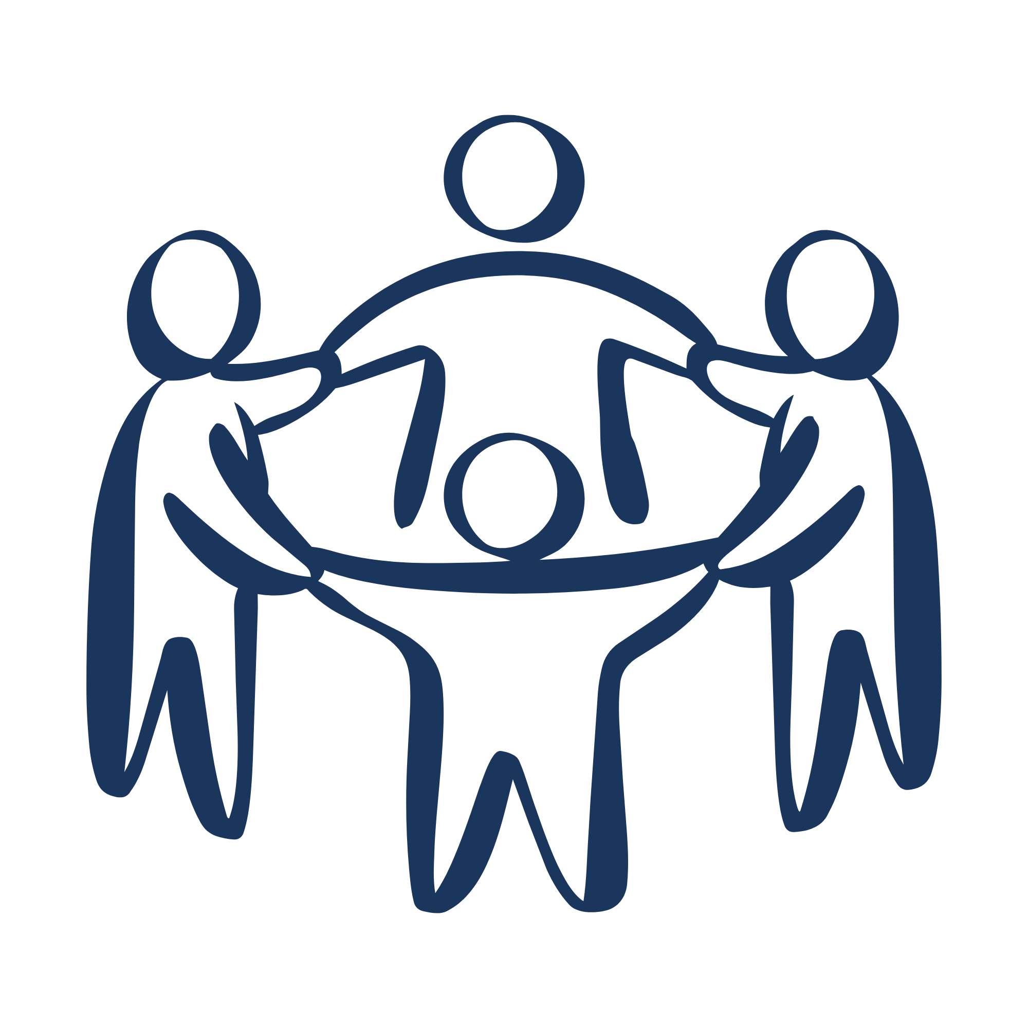 Line drawing of four people holding hands around a circular table, symbolizing unity and teamwork.