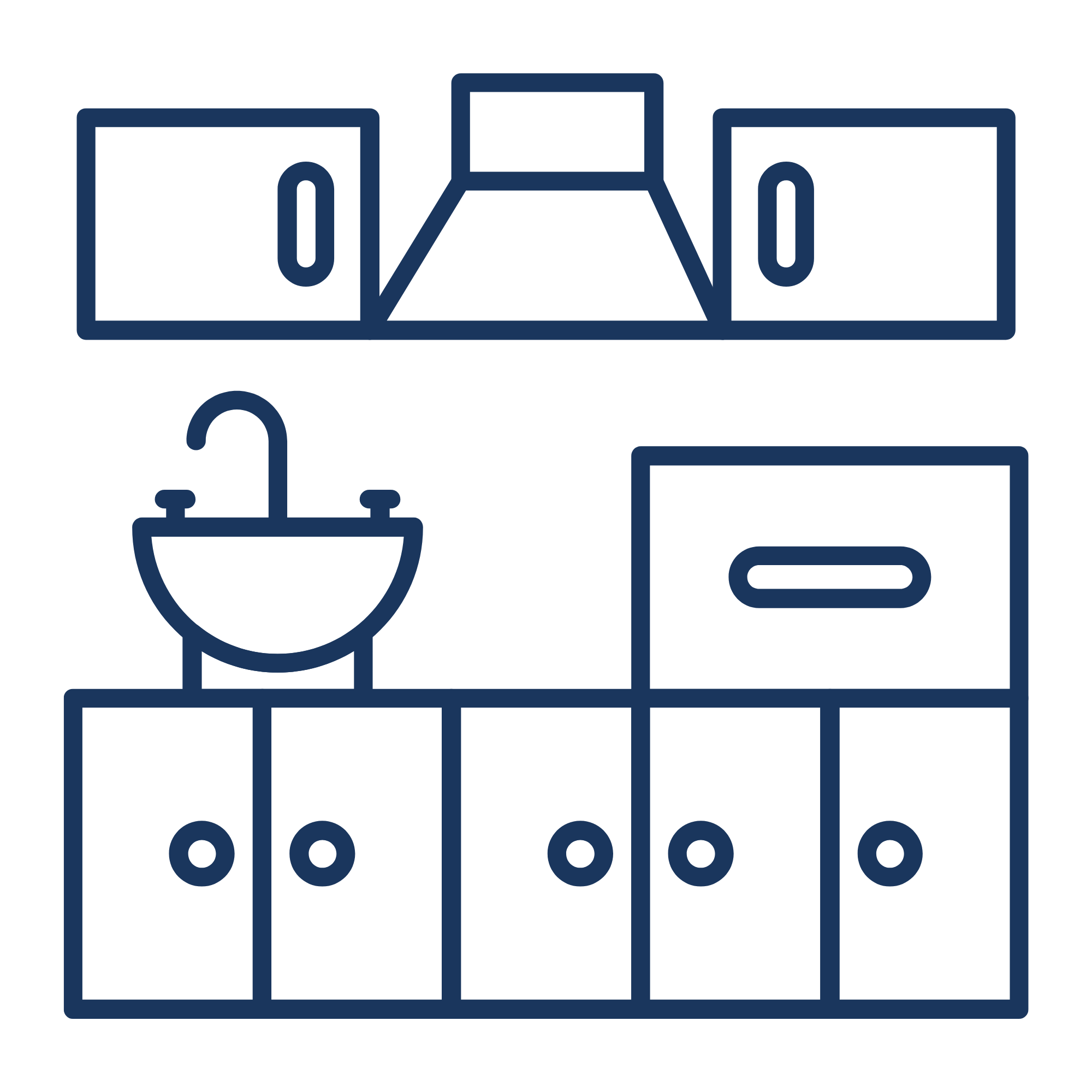 Line drawing of a kitchen cabinet with upper and lower sections, a sink with a faucet, and upper cabinets.