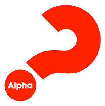 A large red question mark with a small red circle at its base containing the word "Alpha."