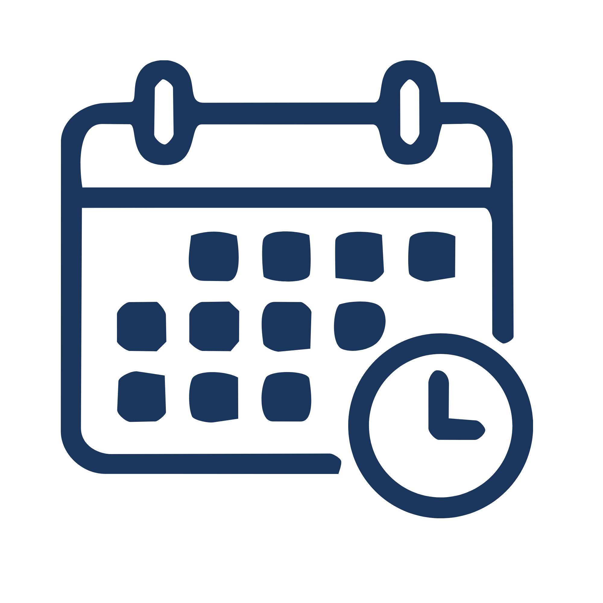 Calendar with a clock icon overlay.