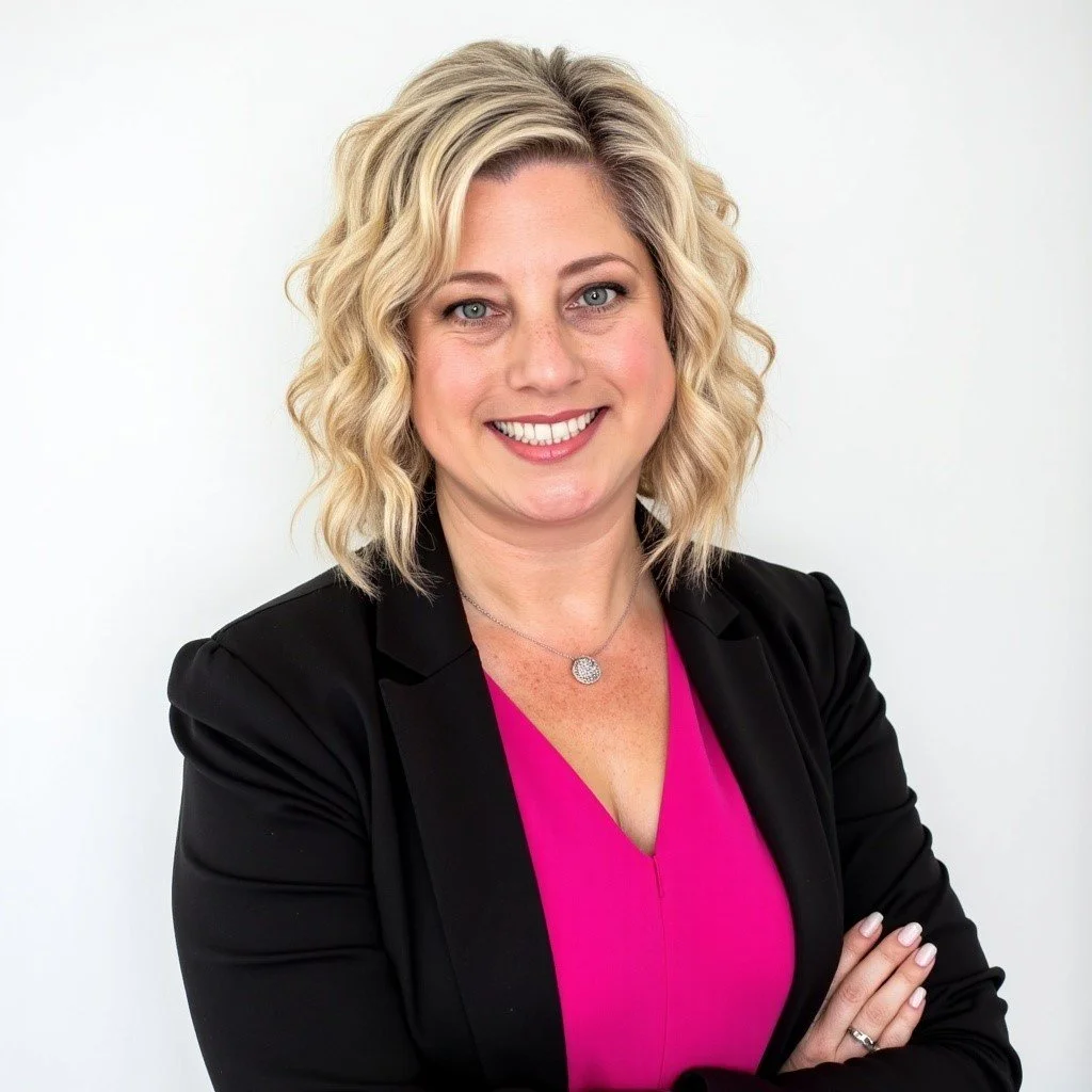 A woman with blonde, curly hair smiling and crossing her arms, wearing a black blazer over a pink top with a silver necklace, against a white background.