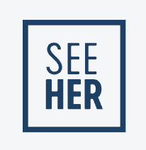 Logo with the words 'SEE HER' in a square border, with 'SEE' on top and 'HER' underneath, both in bold blue font.
