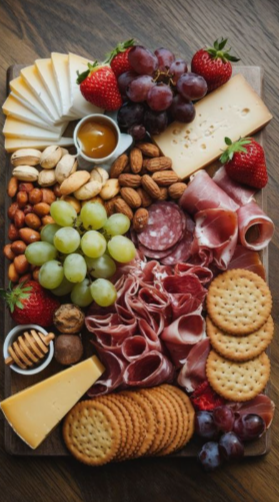Charcuterie board with cheese, grapes, strawberries, crackers, nuts, honey, and cured meats.