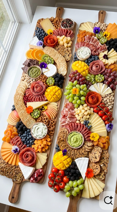 Two large wooden serving boards with assorted cheeses, grapes, berries, cured meats, crackers, and colorful edible flowers, arranged for serving or display.