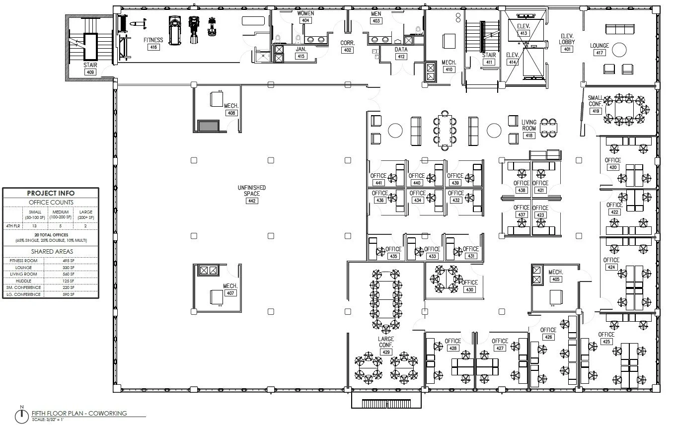 Architectural floor plan of the 4th floor coworking layout at the Dayton Motor Car Building, showing private offices, conference rooms, shared workspaces, and common areas across approximately 6,000 square feet