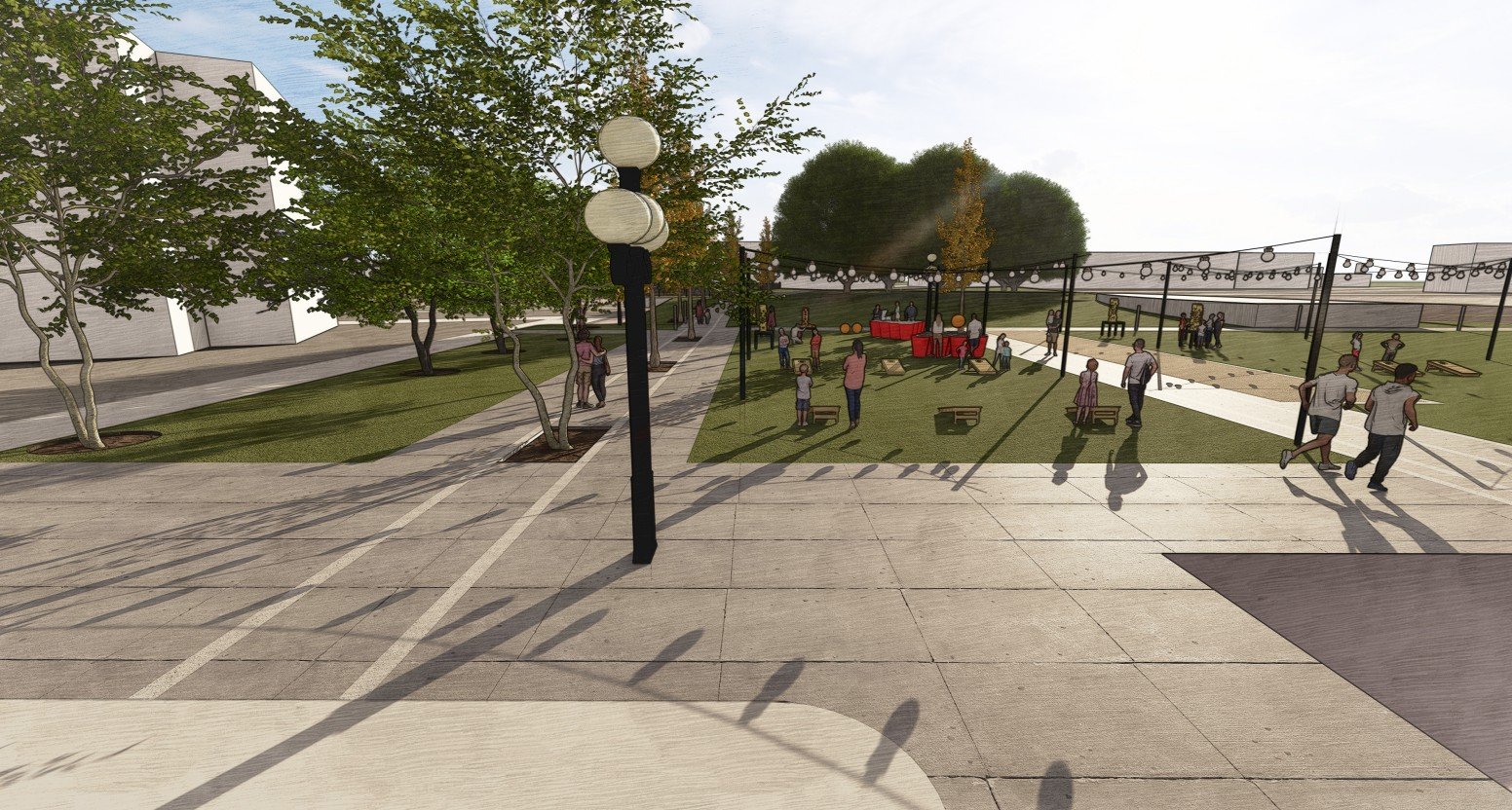 Architectural rendering of the new park adjacent to the Dayton Motor Car Building in the Oregon East Innovation District, Dayton, Ohio, opening Spring 2026.