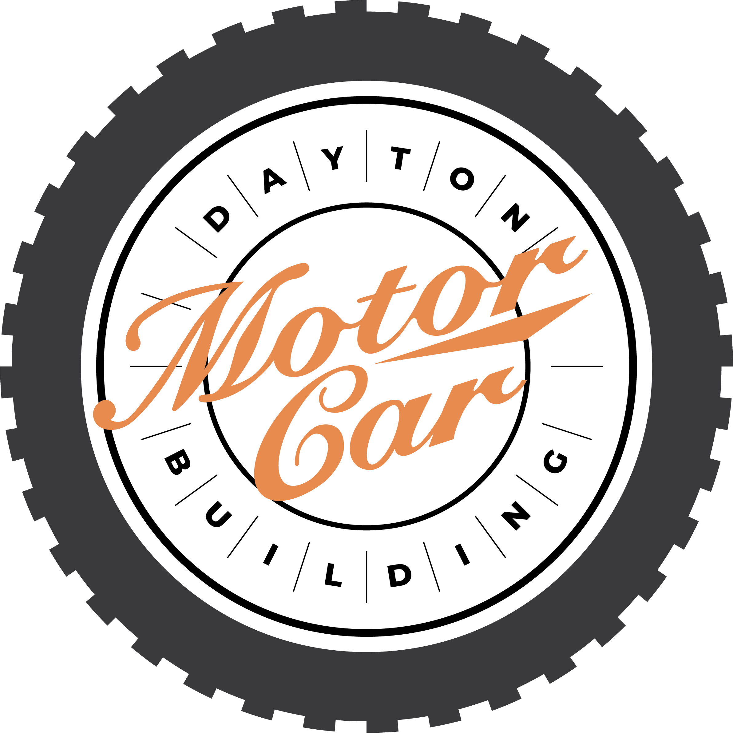 Dayton Motor Car Building circular logo featuring a tire tread border with 'Motor Car' in gold script lettering and 'Dayton Building' in spaced capital letters.