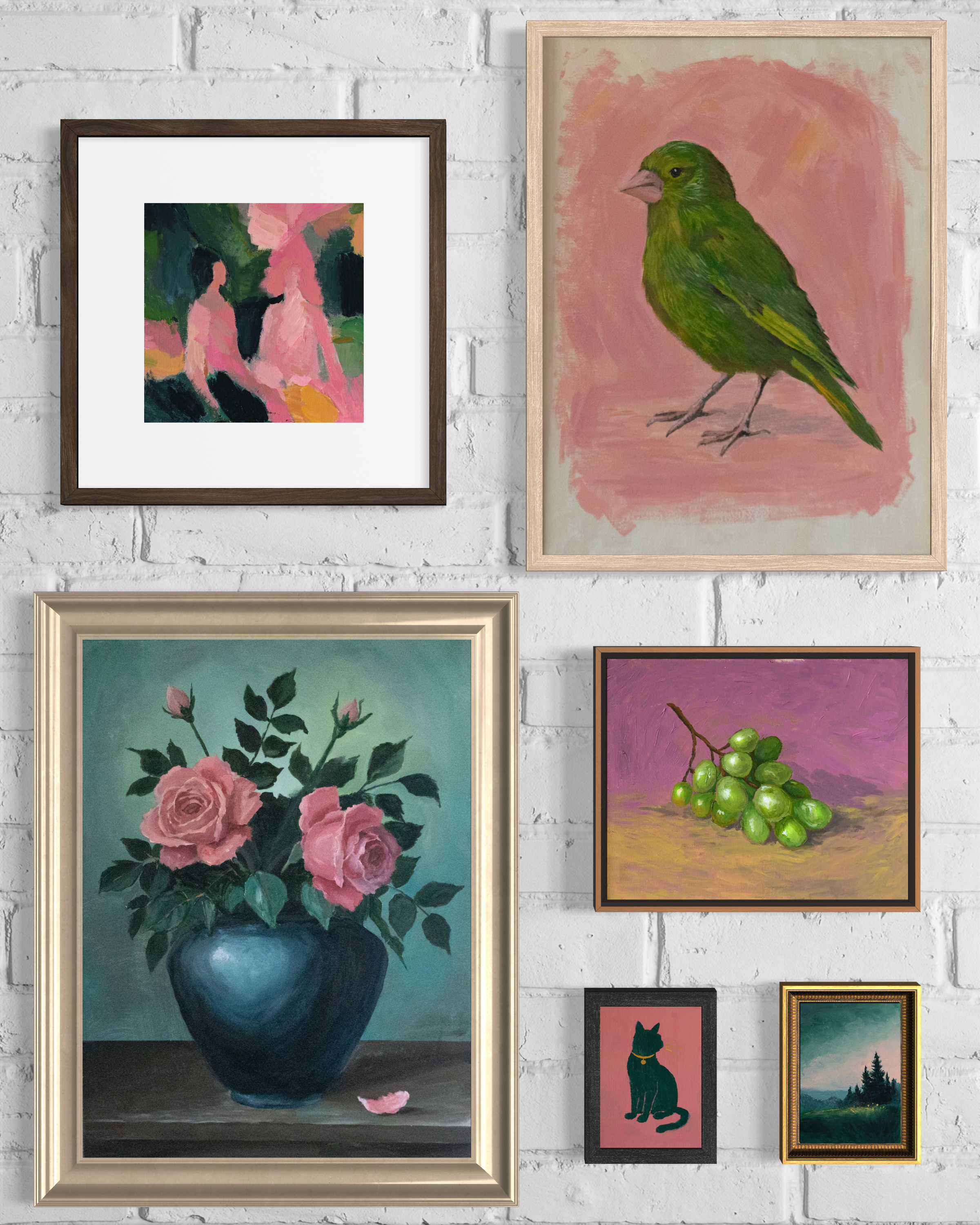 Gallery wall with six framed artworks: an abstract painting of two pink figures, a detailed painting of a green bird on a pink background, a realistic painting of pink roses in a blue vase, a still life of green grapes, a silhouette of a black cat, and a landscape scene, all on a white brick wall.