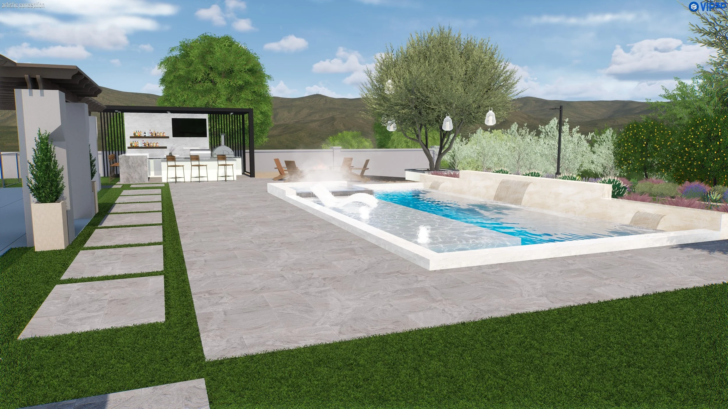 A modern outdoor patio with a rectangular swimming pool, lounge chairs, a bar area with stools, and decorative trees, set against a mountainous landscape with a clear blue sky.