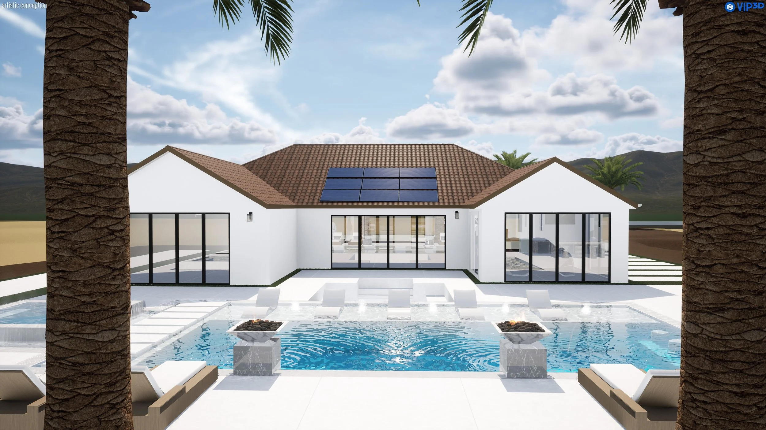 Modern house with solar panels on the roof, glass walls, and a swimming pool, surrounded by palm trees.