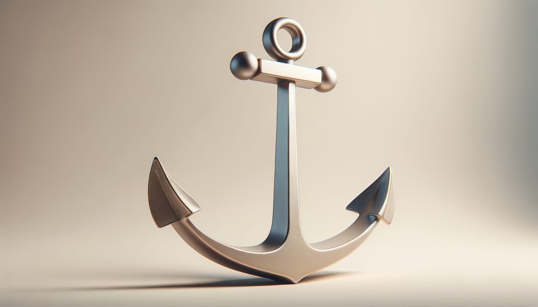 A metallic anchor with a smooth, shiny surface, positioned upright on a plain light background.