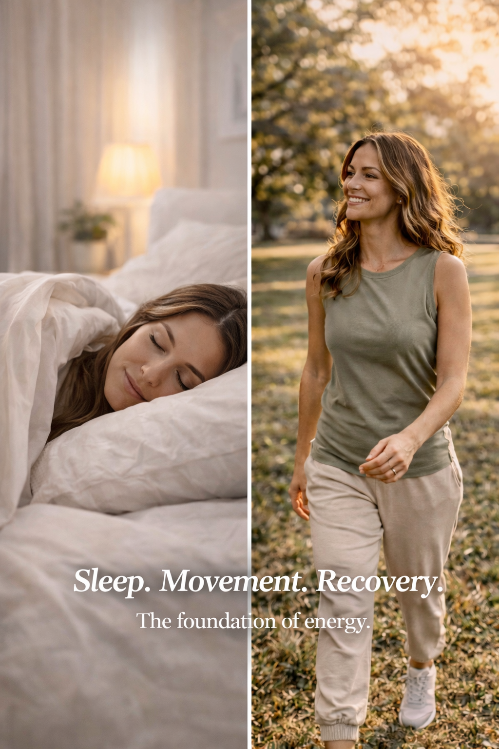 A split image showing a woman peacefully sleeping in bed on the left and a woman walking outside in a park at sunset on the right, with the text 'Sleep. Movement. Recovery. The foundation of energy.'