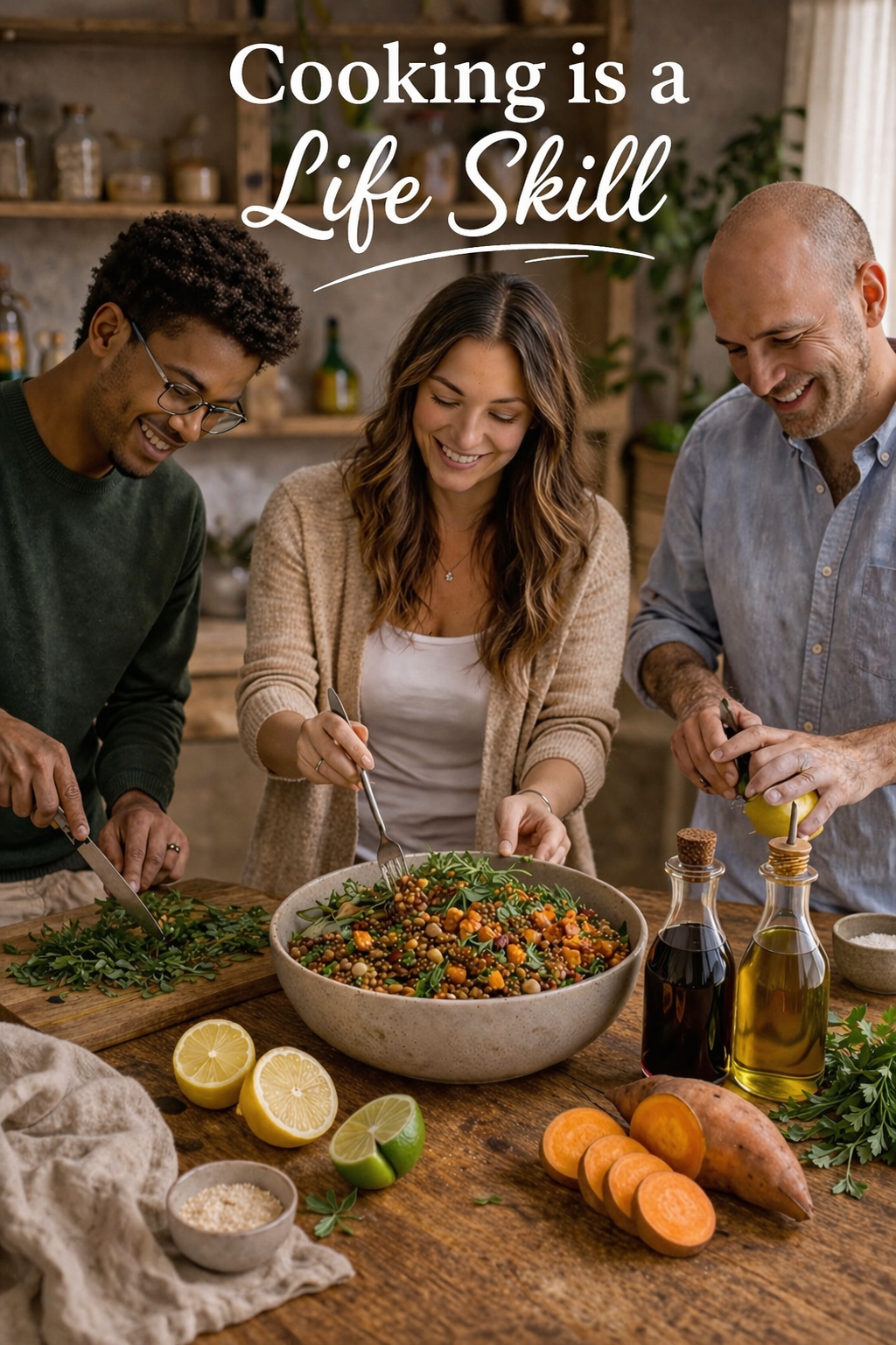 Three people cooking in a cozy kitchen, preparing a colorful vegetable salad with lemons, sweet potatoes, and olive oil on a wooden table.