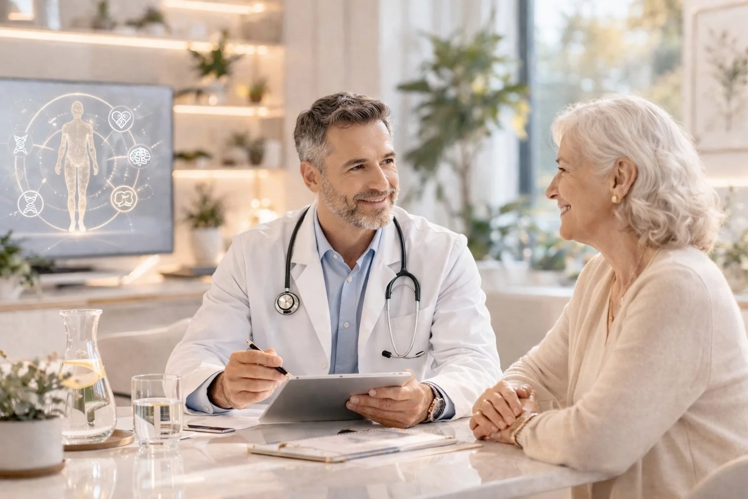 A male doctor with a stethoscope talking to an elderly woman in a bright room with plants and a computer monitor.
