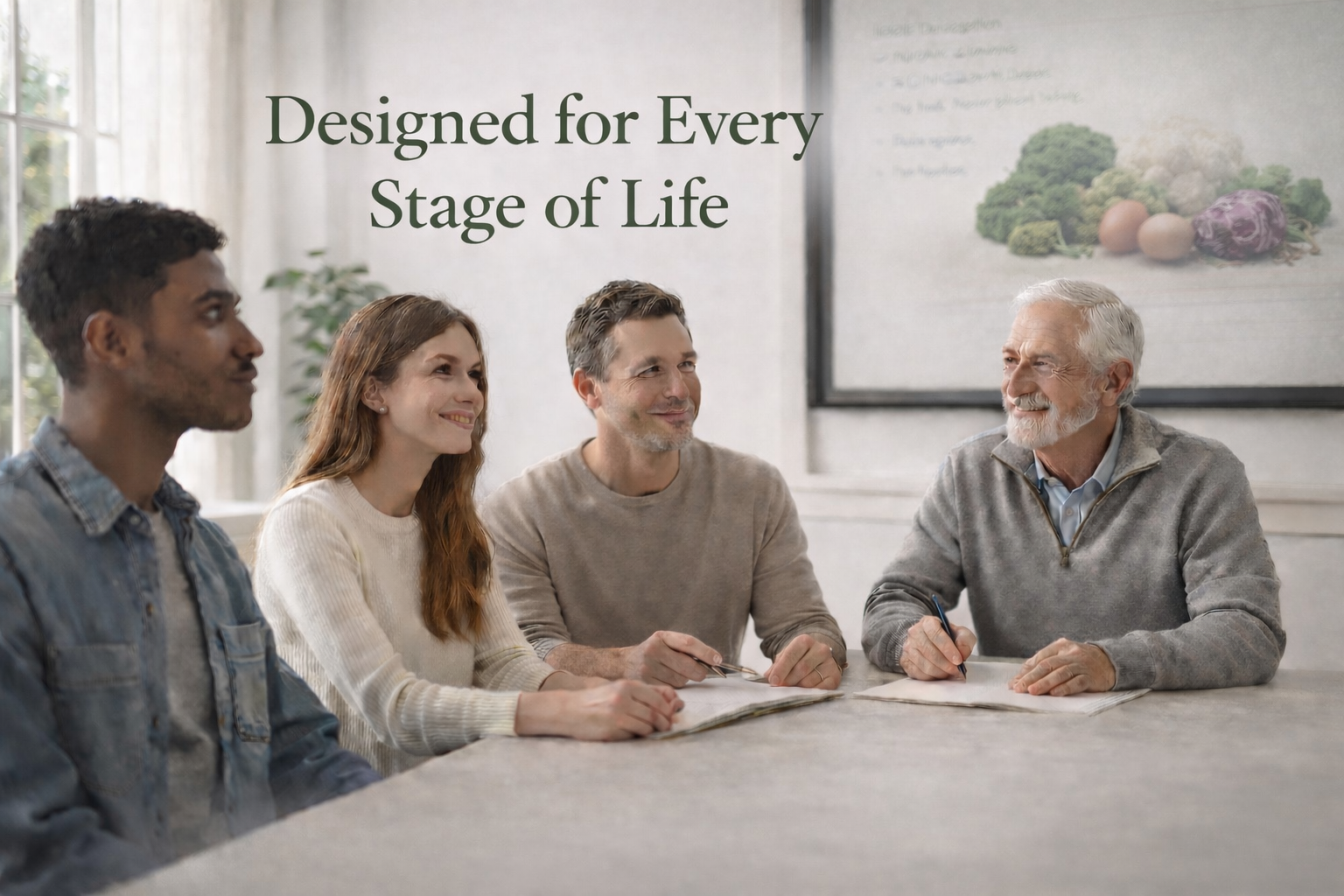 Five people sitting at a table smiling, with text on the wall that reads "Designed for Every Stage of Life."