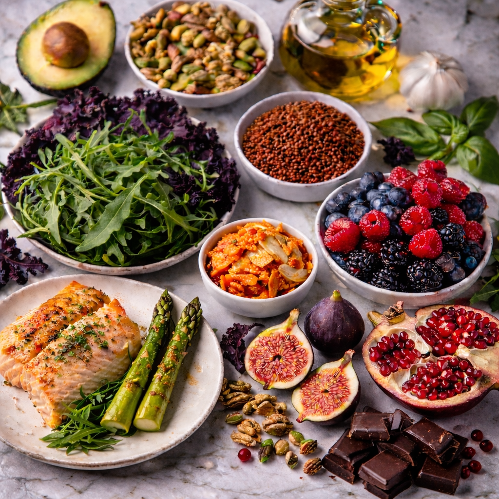 A variety of fresh and colorful ingredients, including leafy greens, berries, figs, avocado, chicken, asparagus, nuts, chocolate, and various herbs and spices, arranged on a marble surface.