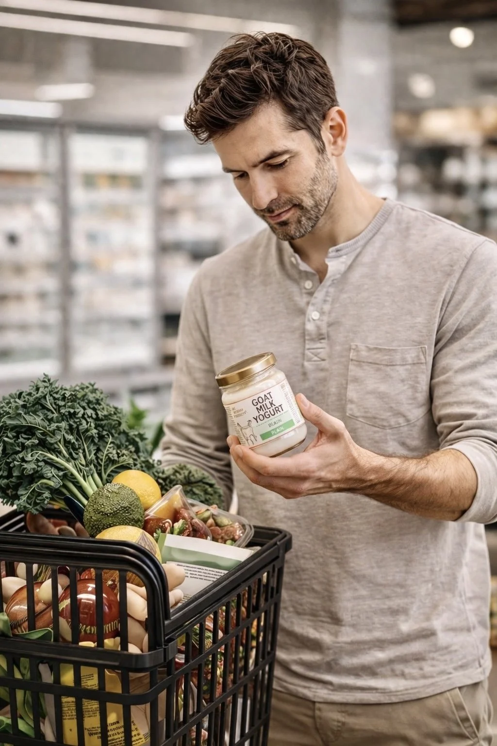 A man shopping in a grocery store holding a jar of goat milk yogurt while looking at it, with a filled shopping basket of fresh produce and groceries on a cart.
