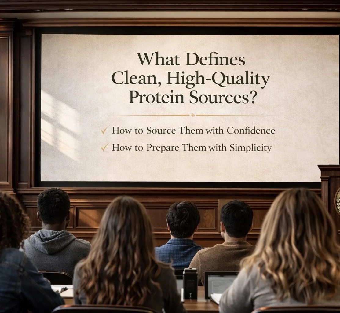 Presentation slide displaying a title and bullet points about sourcing high-quality protein sources, viewed by a group of people in a conference room.
