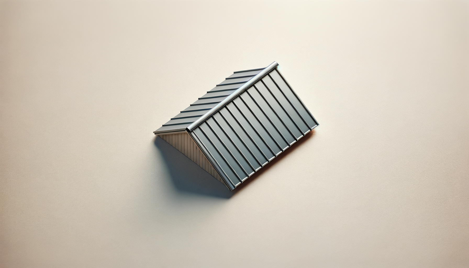 A metallic silver miniature house with a curved roof and vertical ridges, resting on a beige textured surface.