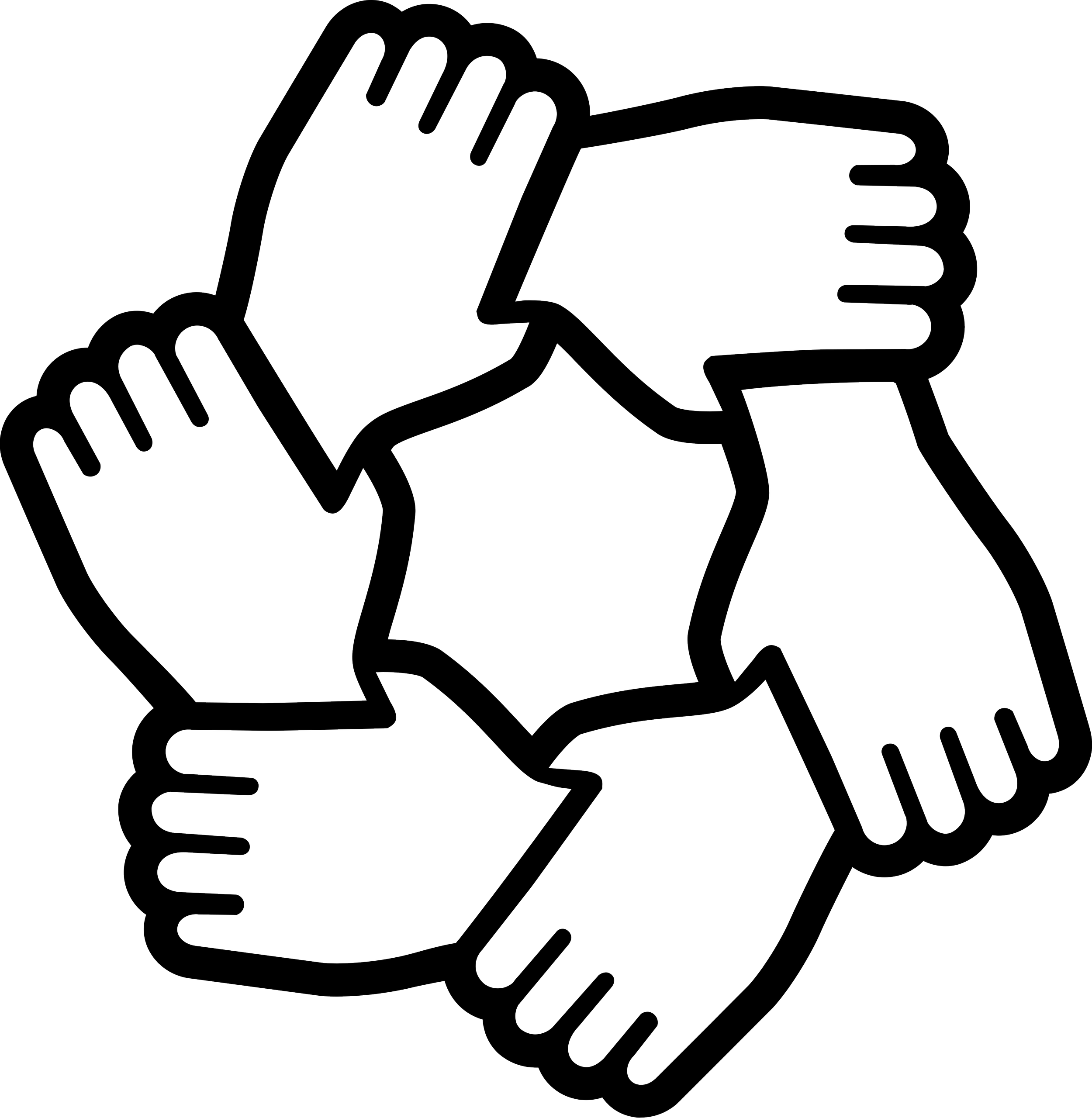 Five black-outlined hands connected together in a circle.