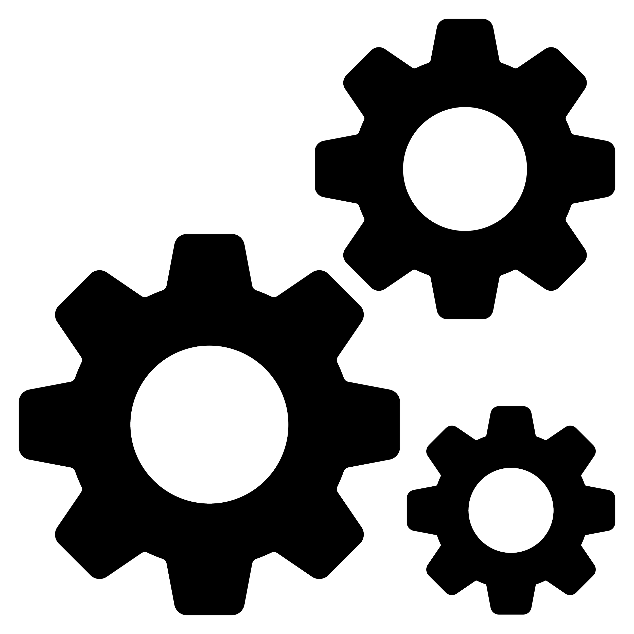 Outline illustration of three gears interconnected, with a large gear on the left, a medium gear on the top right, and a small gear below the medium gear.