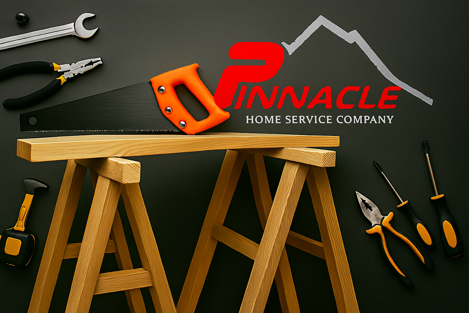 Workshop tools including a saw, pliers, hammer, screwdriver, and utility knife arranged on wooden sawhorses, with a wall featuring the logo of a home service company.