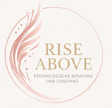 Logo mit einem stilisierten Wing-Design und dem Text 'RISE ABOVE Psychologische Beratung und Coaching'.