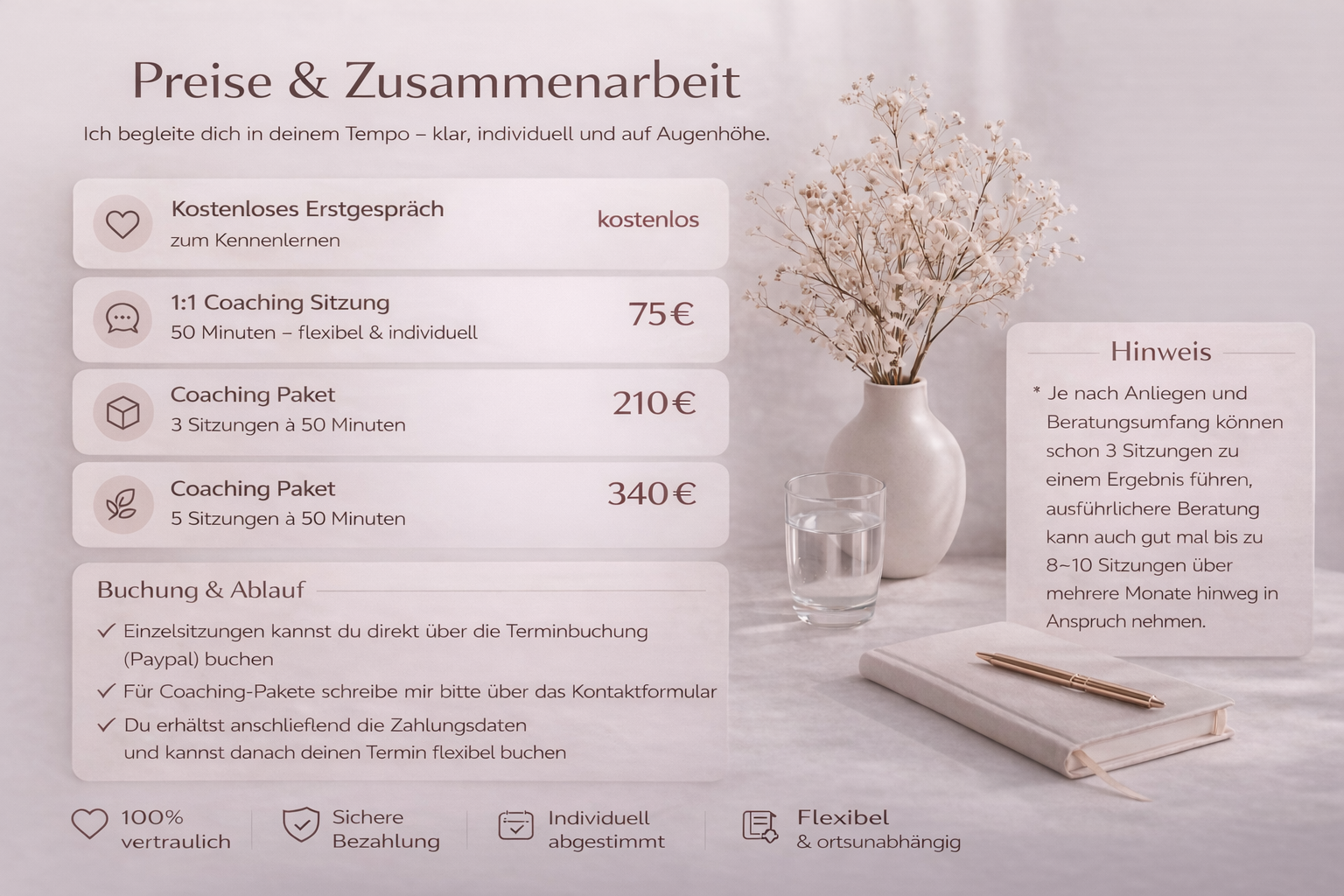 Preisliste für Coachings, mit Angeboten für ein Erstgespräch, Einzel- und Paketpreise, auf hellem Tisch mit Vase, Wasser und Notizbuch, in gedämpften Farben