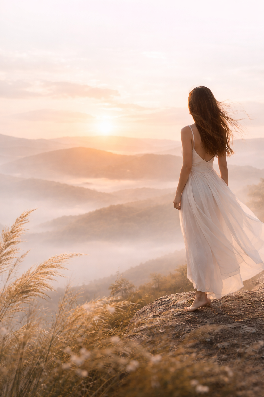 Eine Frau in einem weißen Kleid steht auf einem Felsen und blickt auf eine bewölkte Berglandschaft bei Sonnenaufgang.