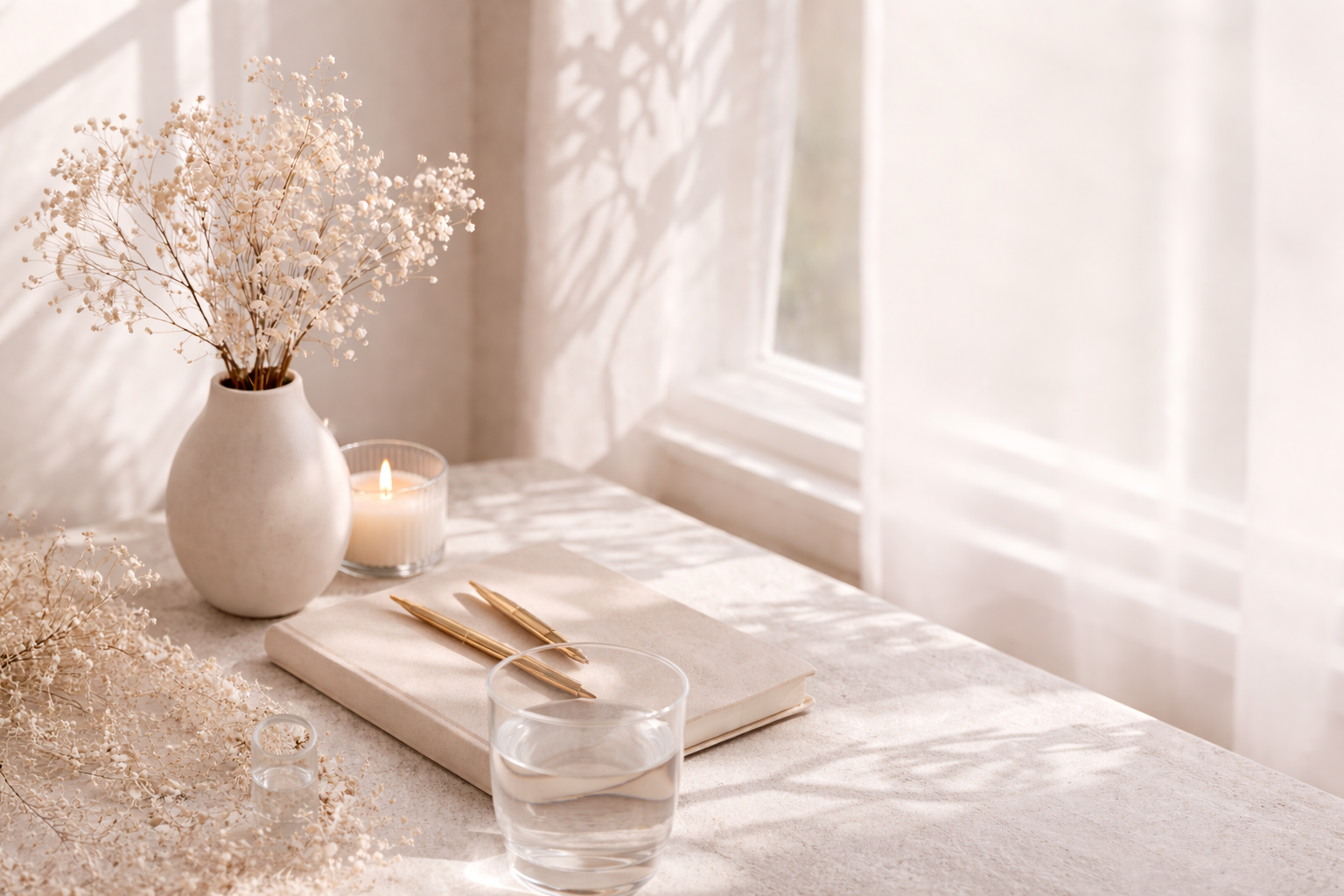 Vase mit weißen Trockenblumen, brennende Kerze, Glas Wasser, Buch, Stifte auf einem Tisch vor einem Fenster mit weißen Vorhängen, sanftes Sonnenlicht und Schatten.