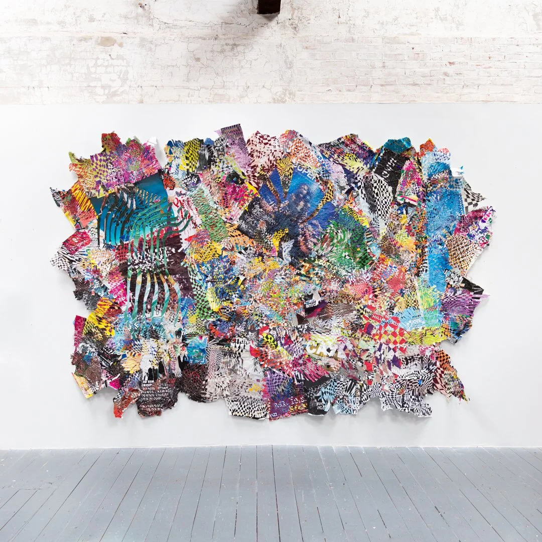 Gargantua.
Found street posters from Berlin, Hamburg, New York City, Philadelphia, Plovdiv, Sofia, Poznan; monotype on Paper; sliced and woven.  100” x 144”