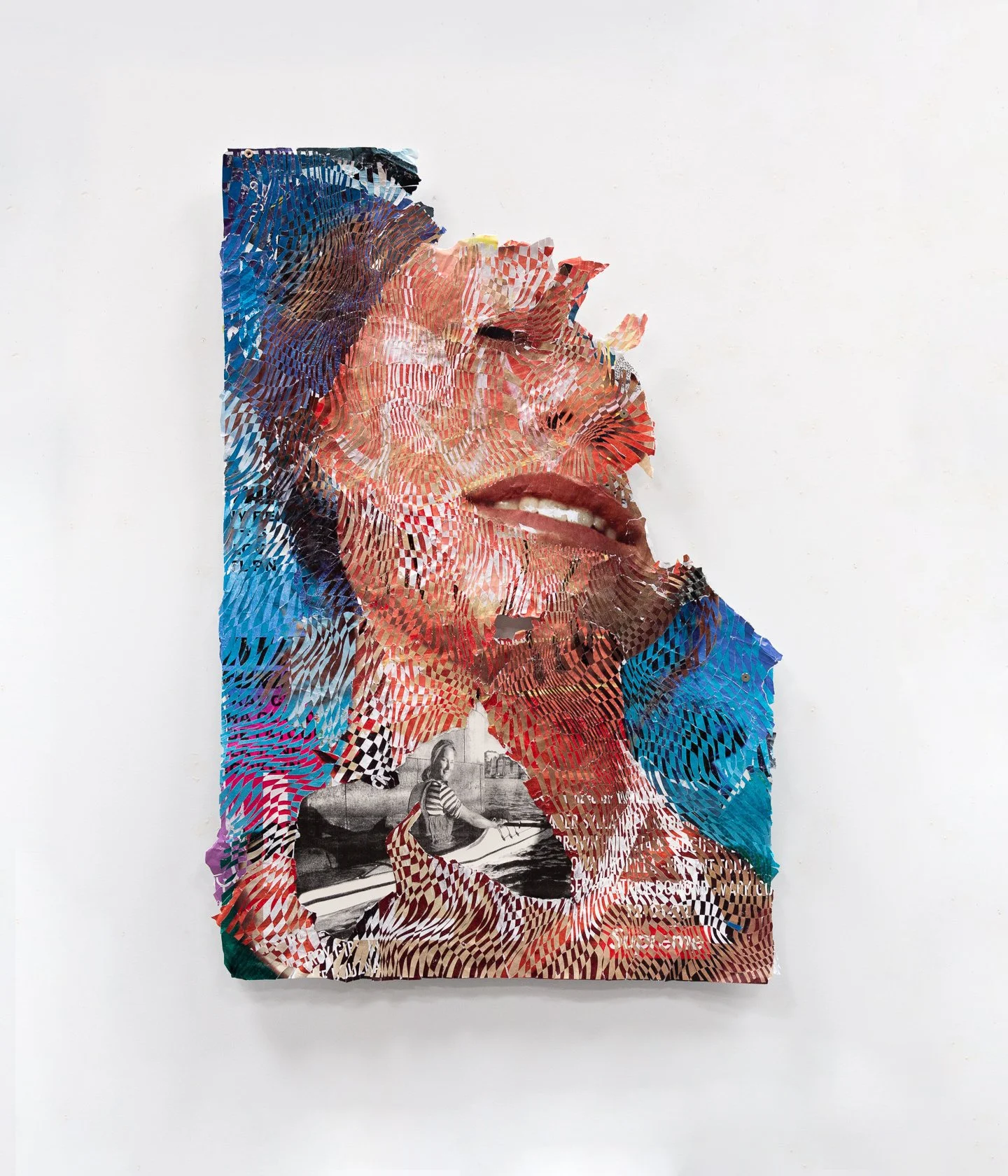 Supreme Loss.
Found street-posters from New York City and Philadelphia, lithograph from Stockholm; sliced and woven.  
71” x 50” 