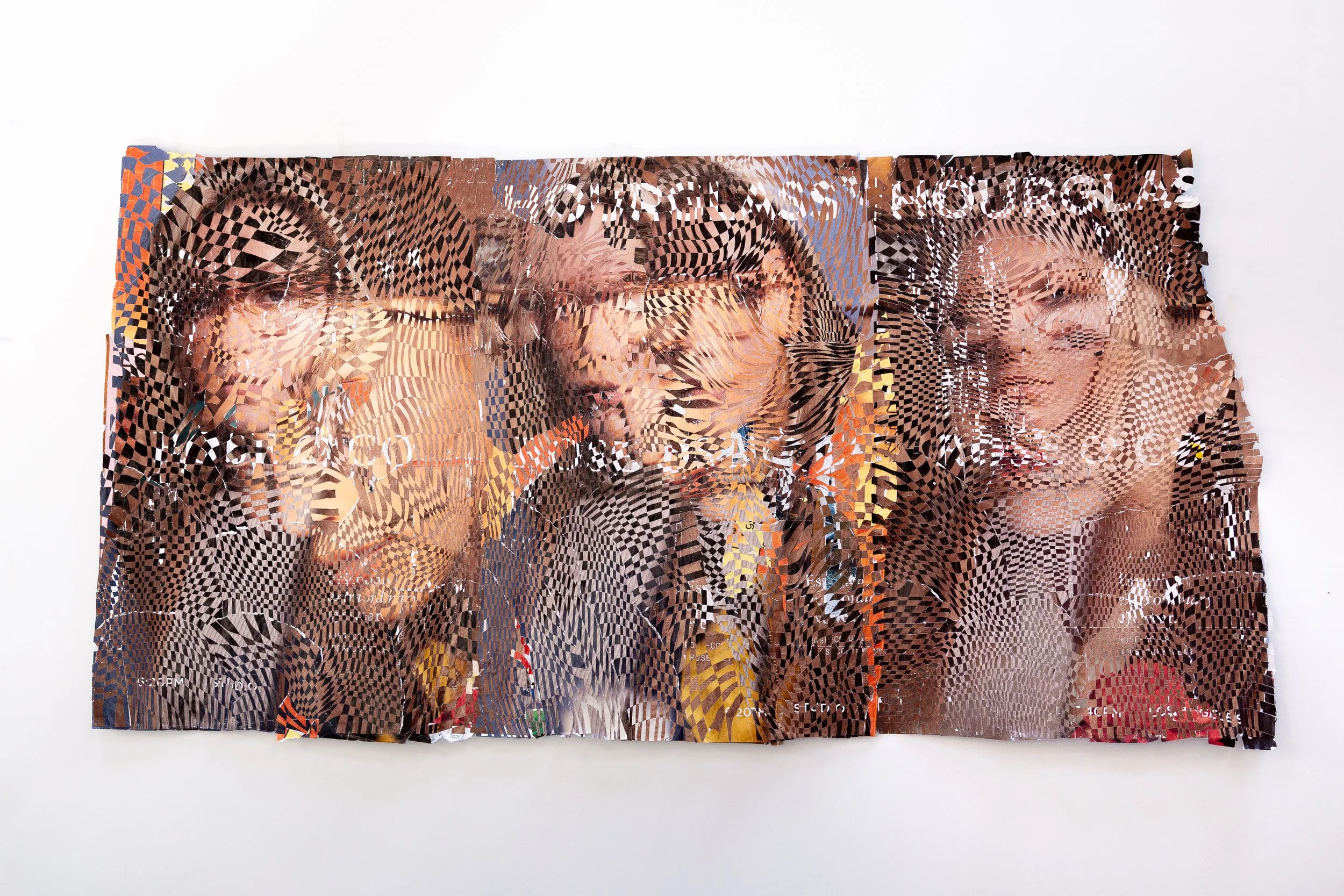 Artwork featuring multiple abstracted portraits created from street-posters sliced and woven together, with distorted patterns and text.