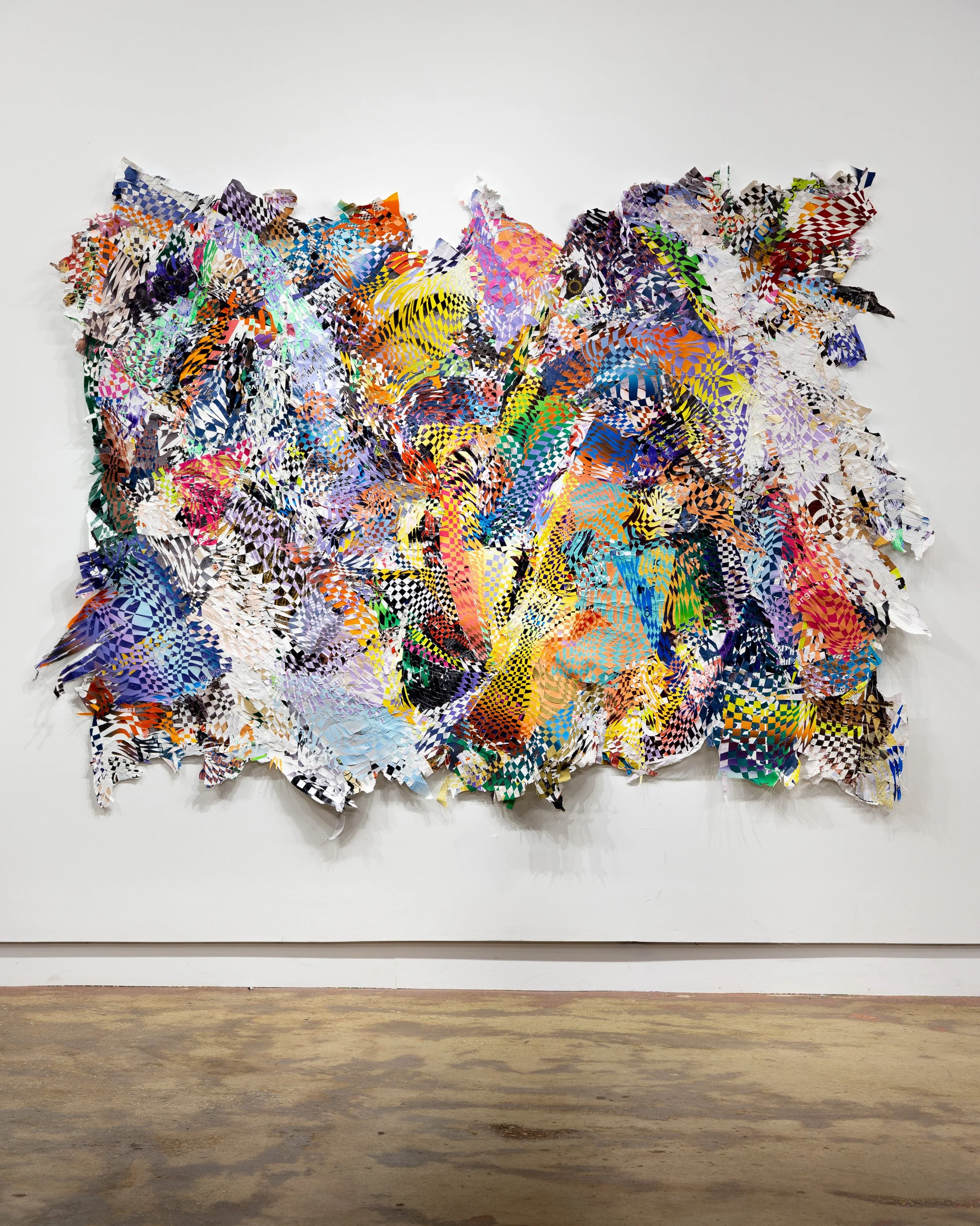 Tempest.
Found street-posters from Plovdiv, Bulgaria; Buenos Aires, Berlin, and New York City, monotype on paper; sliced and
woven.
72" x 100”