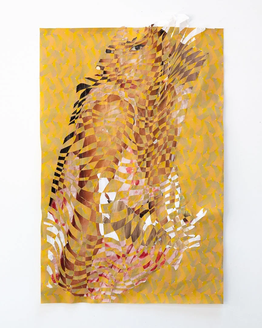 Abstract artwork of a woman in gold, created with swirling, mosaic-like patterns in yellow, pink, and brown tones. The image is made from woven street-posters