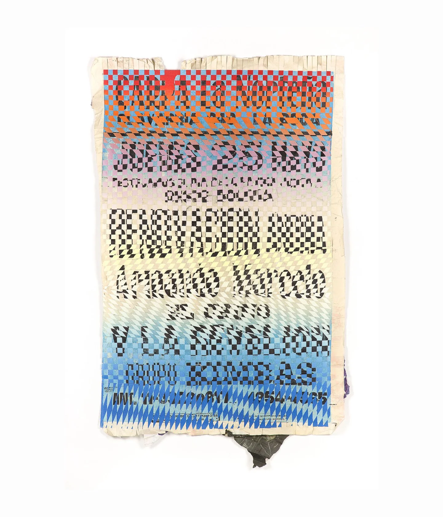 Carpa La Norteña.
Found street-posters from Buenos Aires, monotype on paper, sliced and woven.
44" x 30"