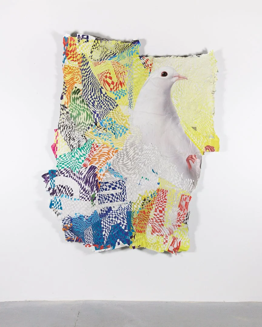 Dove (голубка).
Found street-posters from Lviv, Ukraine; sliced and woven.
80” x 66”. 2022