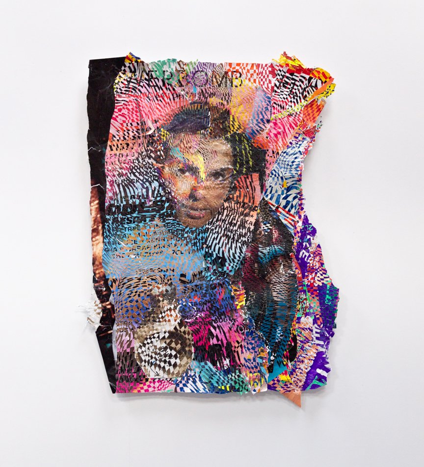 Flowerbomb.
Found street-posters from New York City and Berlin, monotype on paper; sliced and woven.   76” x 55”