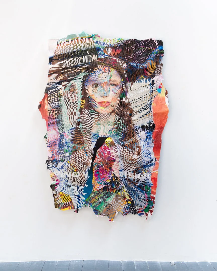 Recognition.
Found street-posters from New York City and Berlin, monotype on paper; sliced and woven.
78” x 54”