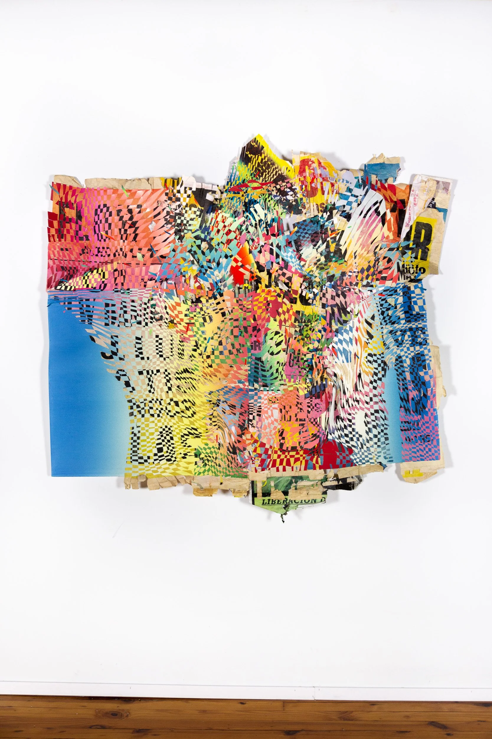 Cumbia.
Found street-posters from Buenos Aires
sliced and woven, monotype on paper.
42 x 54”