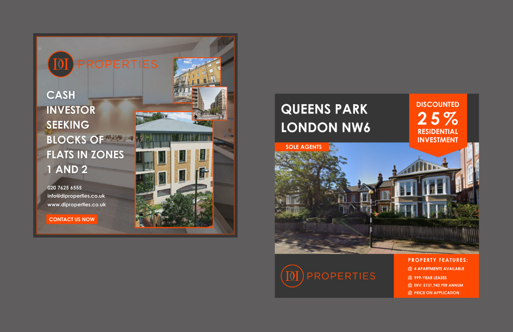 Ongoing marketing and social media assets developed for DI Properties, supporting both the promotion of live investment opportunities and the sourcing of additional residential stock.

The work focuses on presenting property information with clarity 
