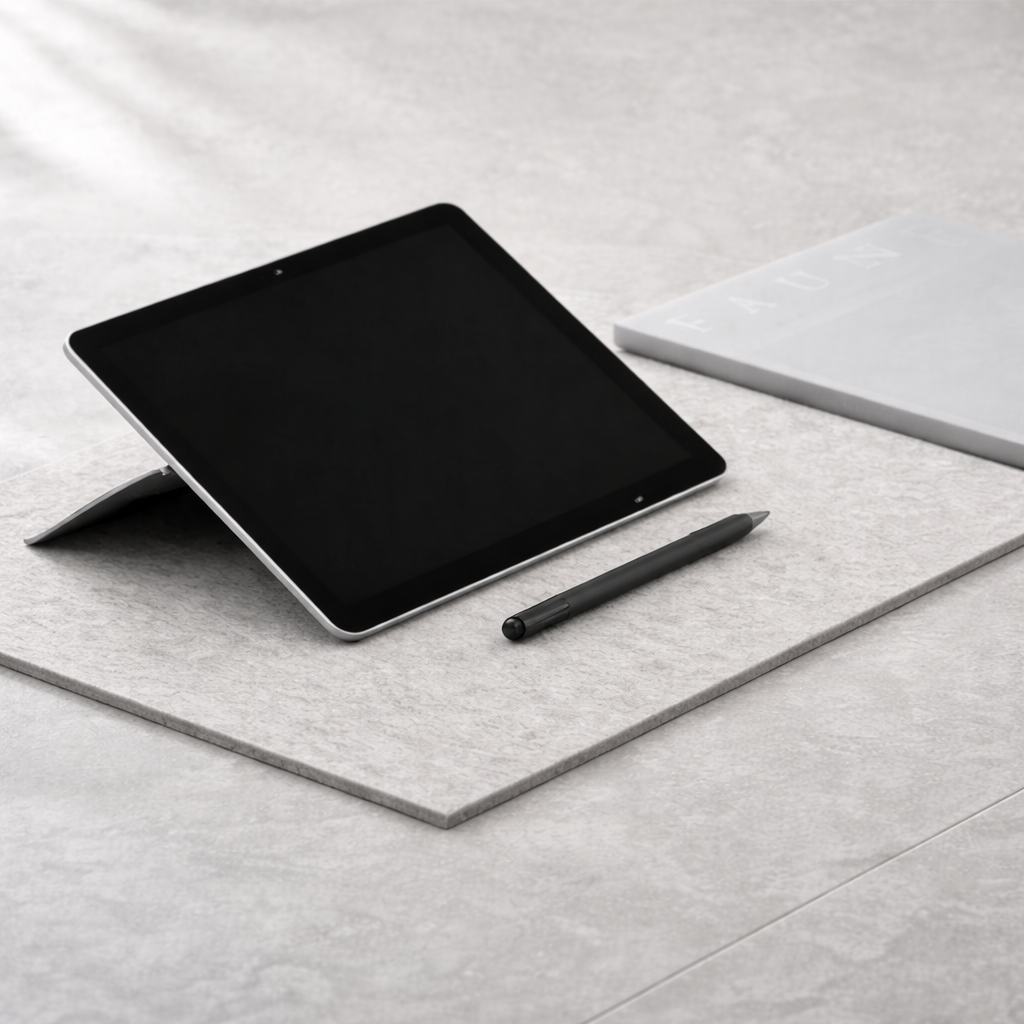 A tablet with a stylus pen on a light-colored textured surface, alongside a closed notebook or planner.